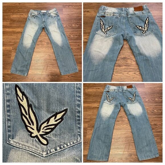 Vintage AKOO Faded Distressed Jeans Embroidered Feather Leaf Pocket Detail 38 - Picture 1 of 16